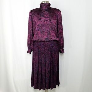 80s Vintage Midi Dress Mock Neck Paisley Pleated
